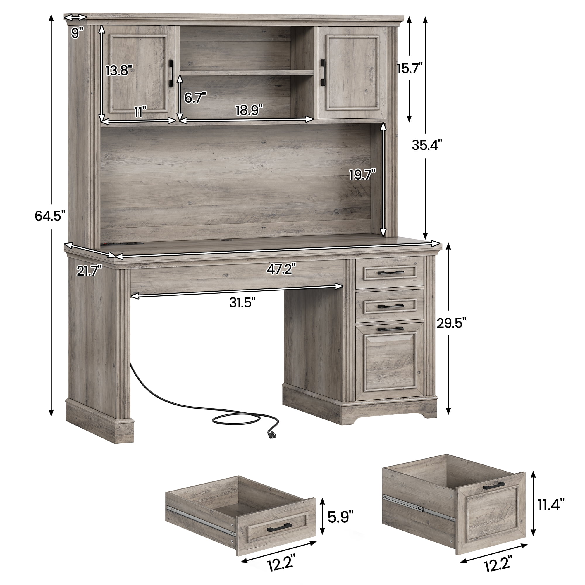 SEDETA 47 Inch Farmhouse Office Desk with Hutch and Drawers, Executive Desk Computer Desk with File Drawer and Cabinets, Large Workstation Traditonal Style Practical table for Home Office, Grey