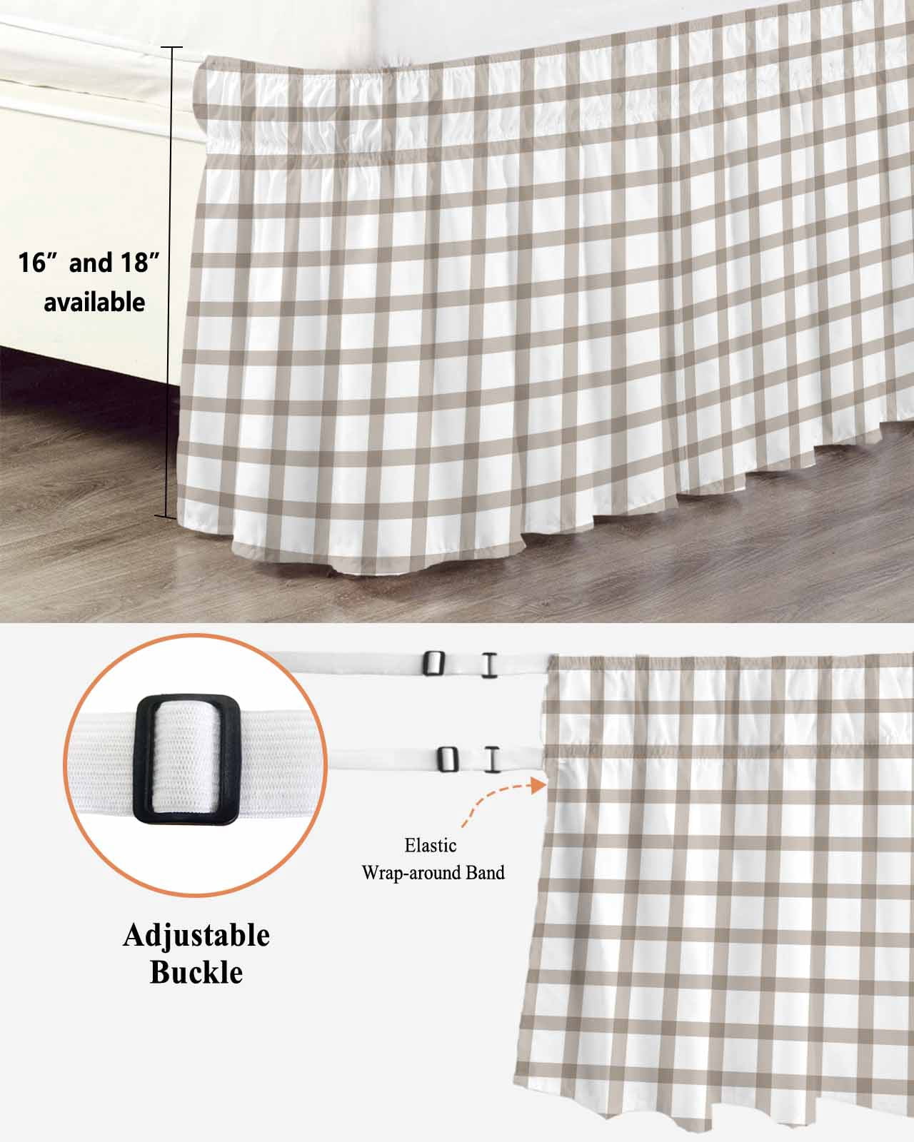Light Brown Bed Skirt Queen Size 18" Drop Checkered Ruffled Wrap Around Bed Skirts Adjustable Elastic Bedskirt Dust Ruffle for Queen Size Bed