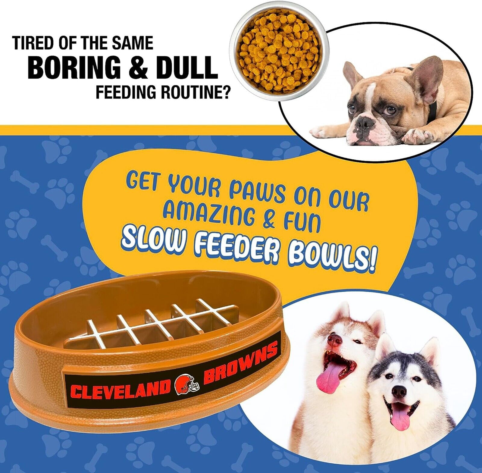 Pets First NFL Cleveland Browns Super-Bowl Slow Feeder Bowl for Dogs and Cats, Football Design for Healthy Digestion, Non-Slip, for Large & Small Pet