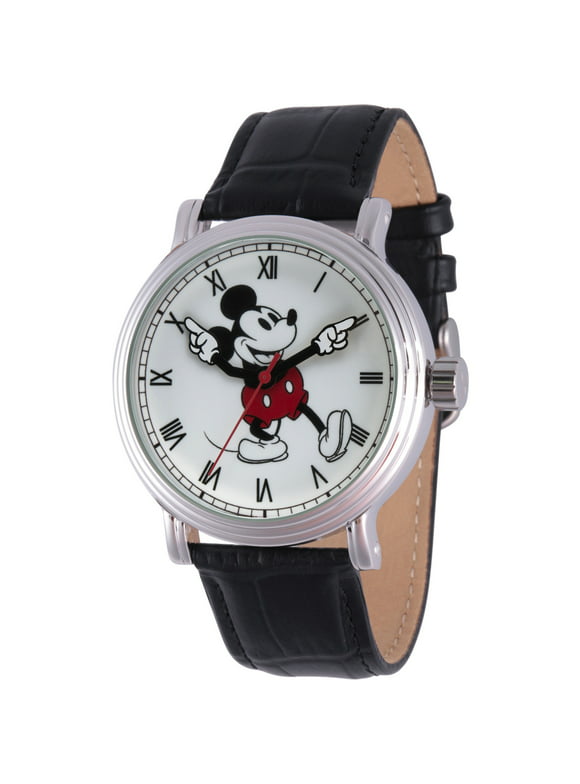 Mickey Mouse Men's Silver Vintage Alloy Watch, Black Leather Strap