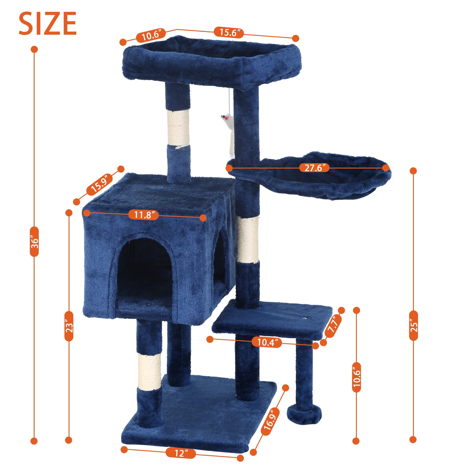 CL.HPAHKL Cat Tree, 36 inch Small Cat Tower with Scratching Post & Funny Toy for Indoor Cats, Cat Condo Furniture Activity Center for Kittens, Navy Blue