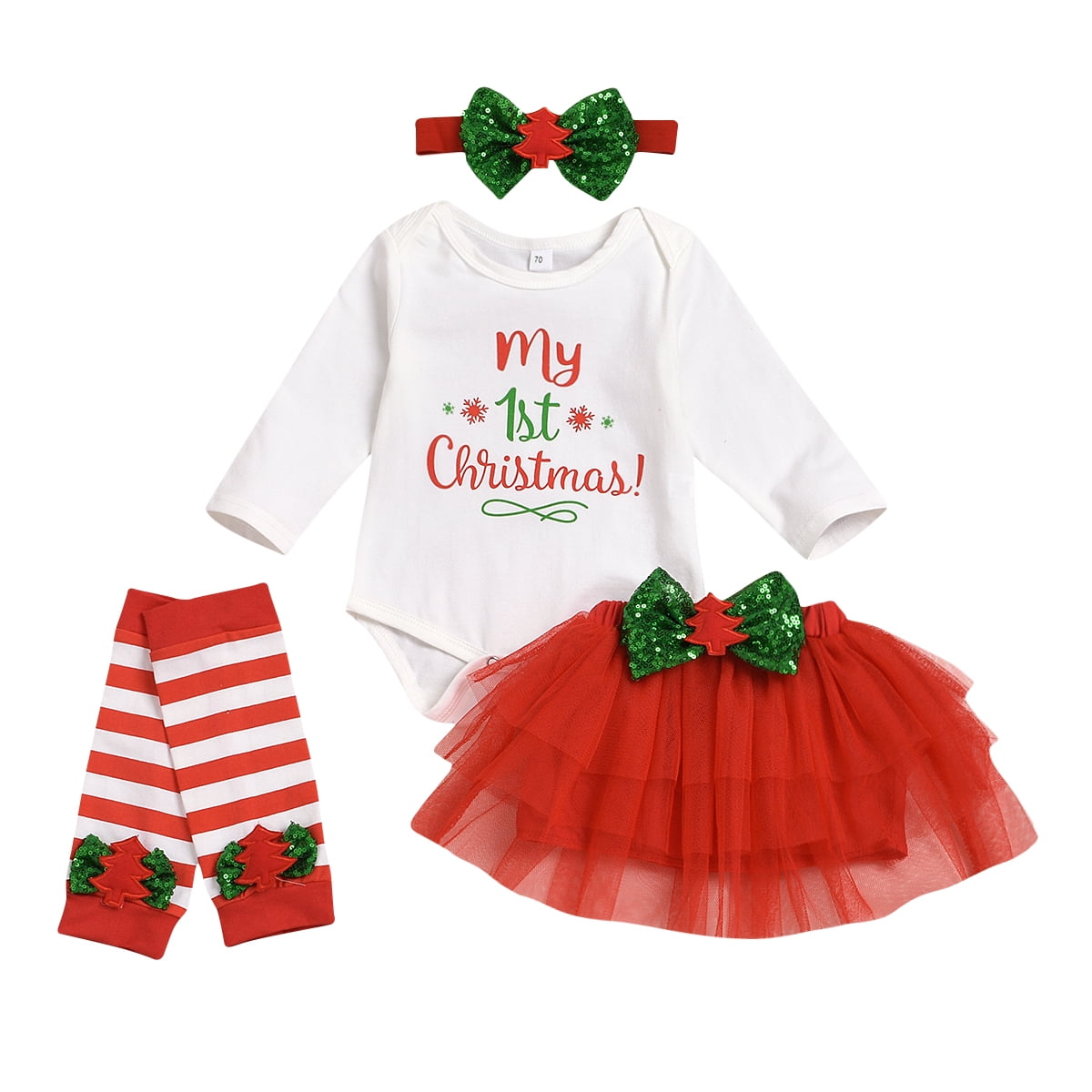 Christmas Newborn Clothes Infant Baby Girls My 1st Christmas Romper Dot Tutu Skirt Bow Sequins 3Pcs Outfits Set