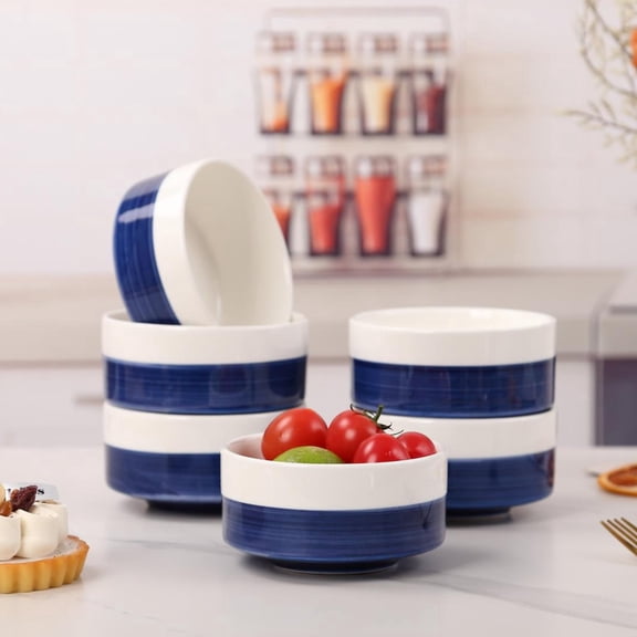 4-Piece Ceramic Bowl Set, 10oz White and Blue Striped Bowls for Salad, Dessert, Lunch, Microwave-Safe, Durable Kitchen Tableware for Everyday Dining
