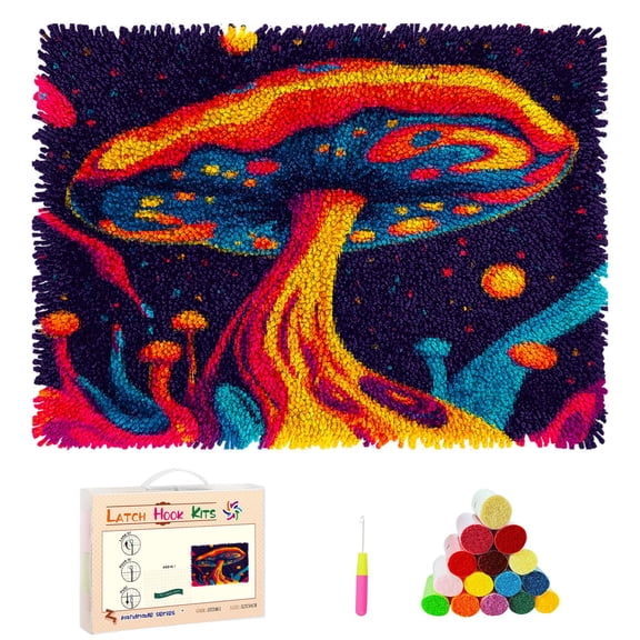 DIY Latch Hook Rug Kits Psychedelic Mushroom Swirling Stamped Non-slip Mat Crochet Yarn Hook and Latch Emboridery Tapestry for Home Floor Decor and Pet Warm Cushion 52x38cm
