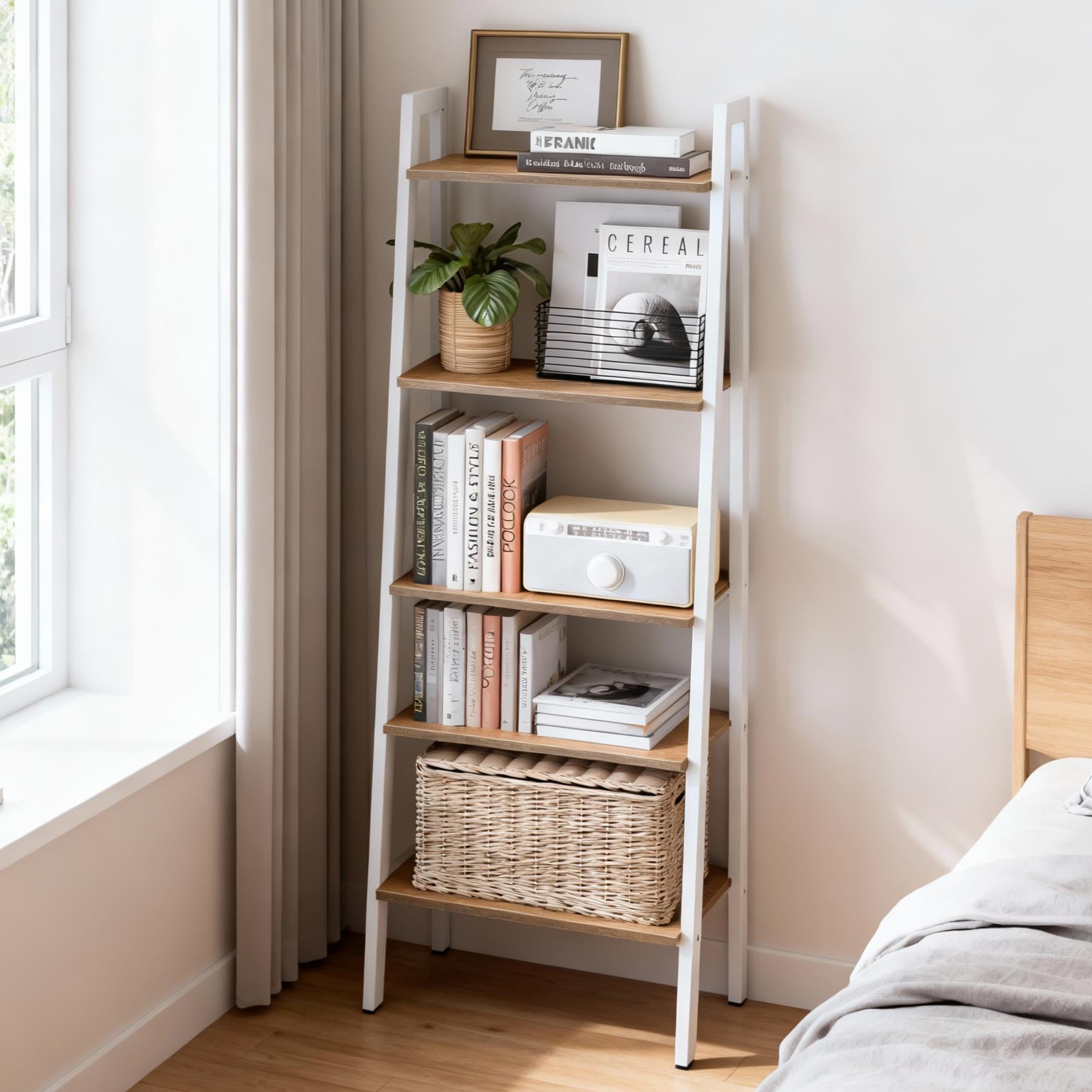 LEDREM Ladder Shelf, 4-Tier Bookshelf, Storage Rack, Bookcase, for Living Room, Kitchen, Bedroom, Honey Brown and Cloud White