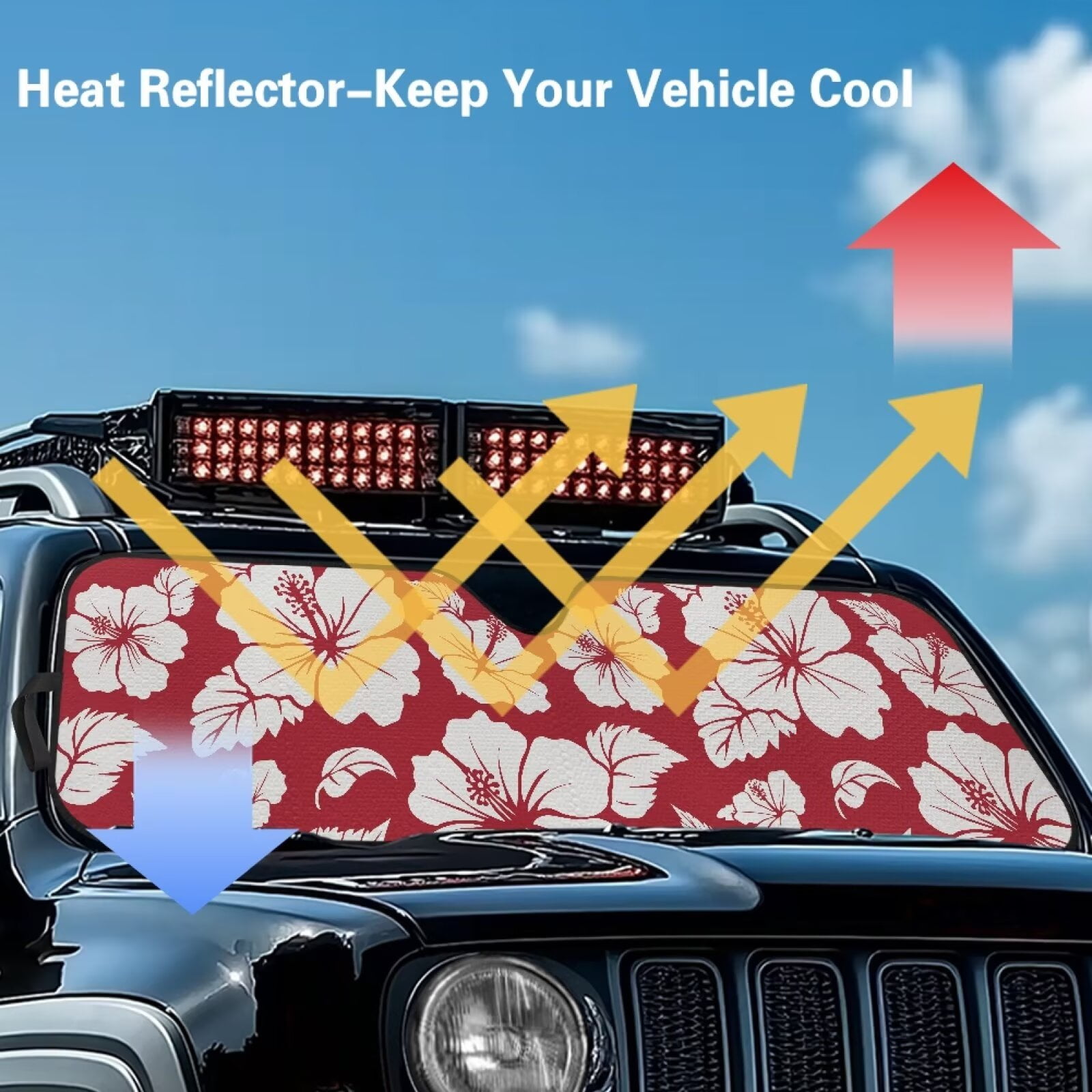 Uorisanigo Windshield Sun Shade Fit for Jeep Wrangler JL 2/4 Door 4XE 2024-2025 & Gladiator JT 2020-2025 Foldable Red Hibiscus Flowers Sun Visor Blocks UV Rays Keep Car Cool