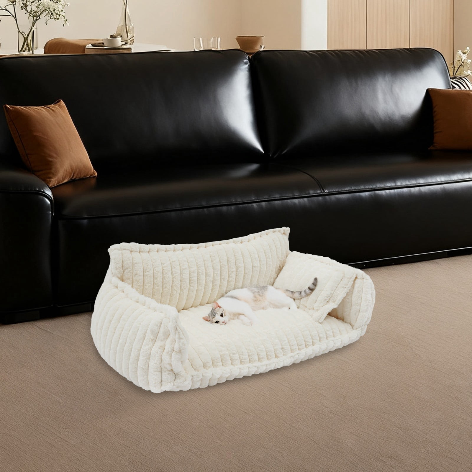 Dog Bed Sofa, XL Plush Pet Couch with Removable Washable Cover, Orthopedic Cushion & Pillow, Non-Slip Bottom for Large Dogs Cats, Modern Home Pet Furniture, White