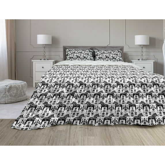 Nordic Comforter & Sham Bedding Set, Swedish Folk Art with Dalecarlian Horse Silhouettes and Ornate Flower Motifs, 3 pcs Duvet Set Microfiber Filling Quilt, 5 Sizes, Black and White, by Ambesonne
