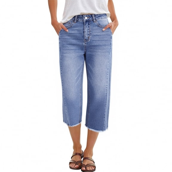 Capri Pants for Women Summer Drawstring Elastic Waist Baggy Wide Leg Cropped Jeans Stretchy Pull on Denim Capris Light Blue 2XL