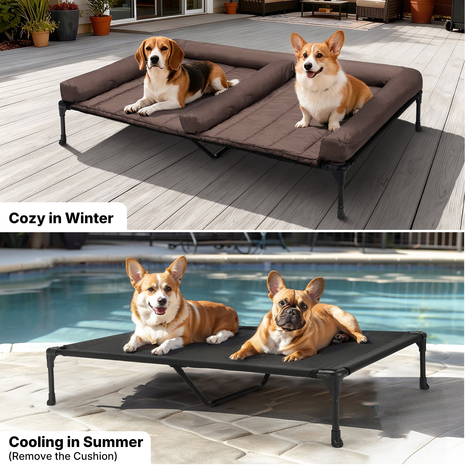 Veehoo Cooling Raised Dog Bed + Removable Double Dog Bed Cushion for Two Medium Dogs, Elevated Dog Bed with Waterproof Bolster Mat, Breathable Mesh, No-Slip Feet, Dog Couch Bed, Brown CWC2331D
