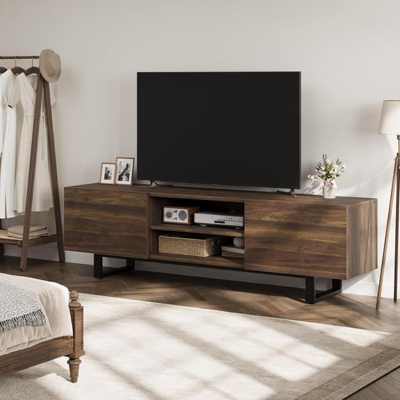 Industrial TV Stand for 80 Inch TV Modern Entertainment Center with 2 Drawers Open Shelves Heavy Duty Wooden Media Console Cabinet with Metal Legs Storage Table for Living Room Brown
