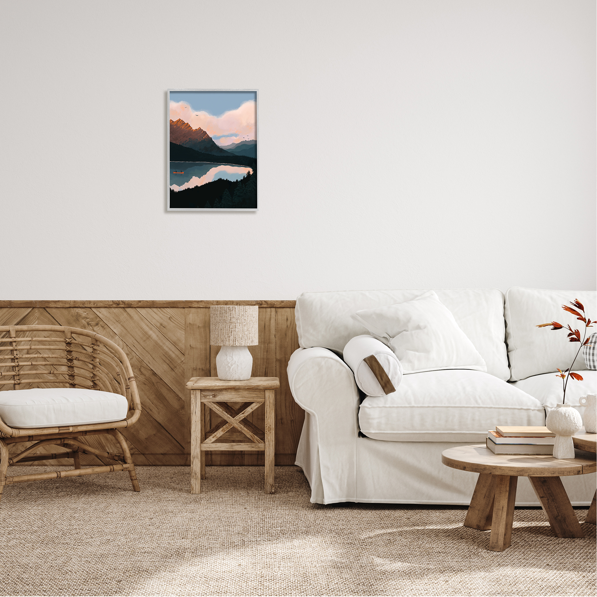 Stupell Industries Mountain Range River Canoe Cloudy Wilderness Birds Framed Wall Art, 16 x 20, Design by Abi Hall