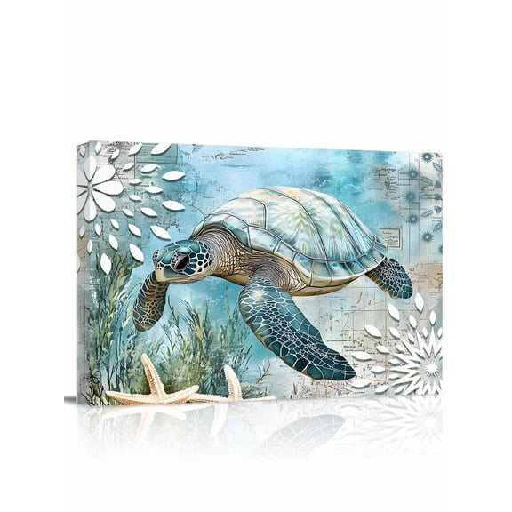 Sea Turtle Coastal Wall Art for Living Room,Canvas Picture Wall Decor for Bathroom Bedroom,Summer Beach Teal Coral Starfish Painting Artwork for Office Kitchen Hallway Dining Room Home Decor 12"x16"
