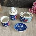 thumbnail image 2 of India Meets India Ceramic Hand-Painted Bathroom Accessories Set, Ceramic Soap Dispenser | Toothbrush Holder | Soap Dish Tray | Tumbler w/ Flowers Pattern, Bath Set for Home/Offices/Restaurants - Blue, 2 of 4