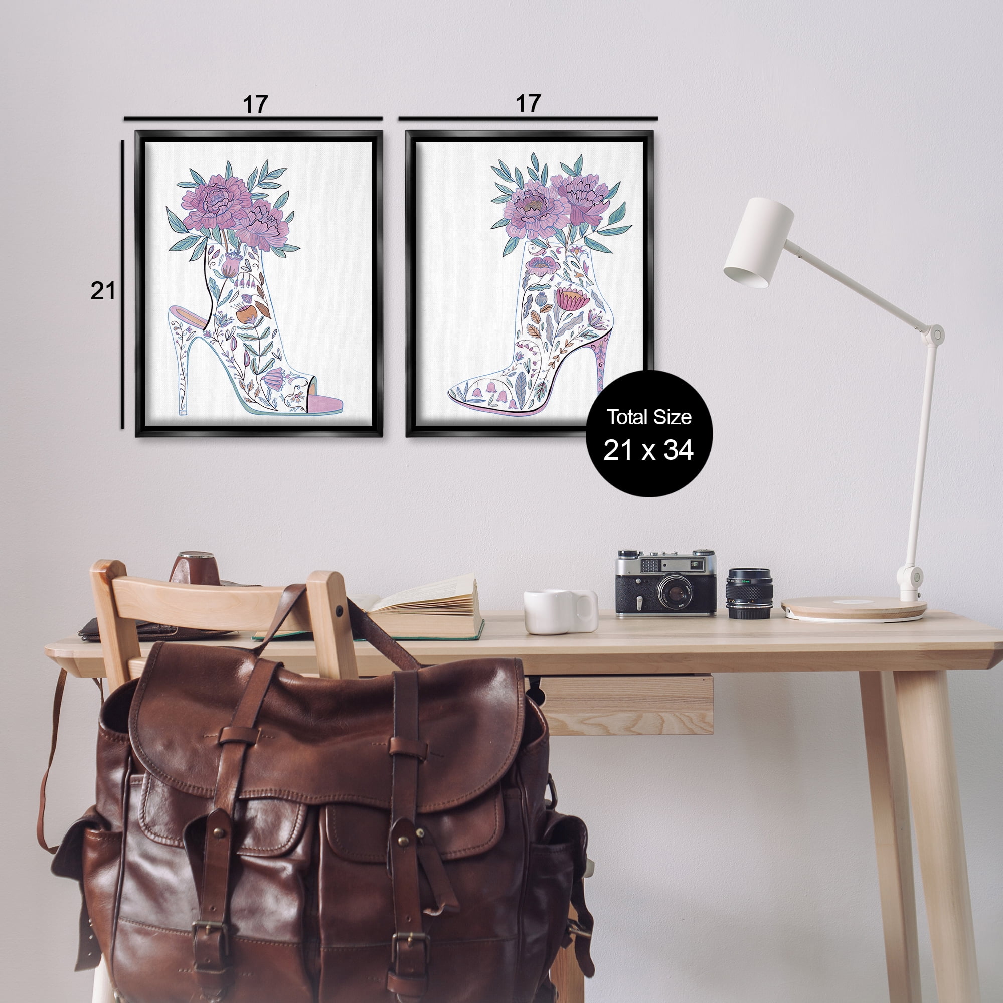 Stupell Industries Floral Stiletto Heel Boots Fashion Painting Black Floater Framed Canvas Art Print Wall Art, 17 x 21, Set of 2