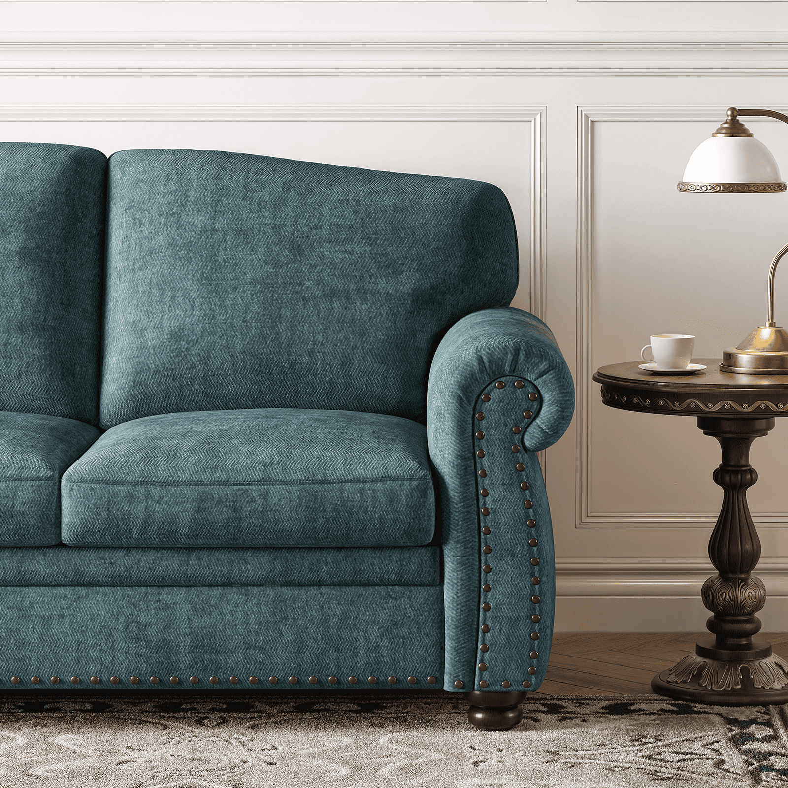 ROGALIS 90" Nailhead Sofa, Rolled Arm Couch with Solid Legs, Chenille Fabric, Teal