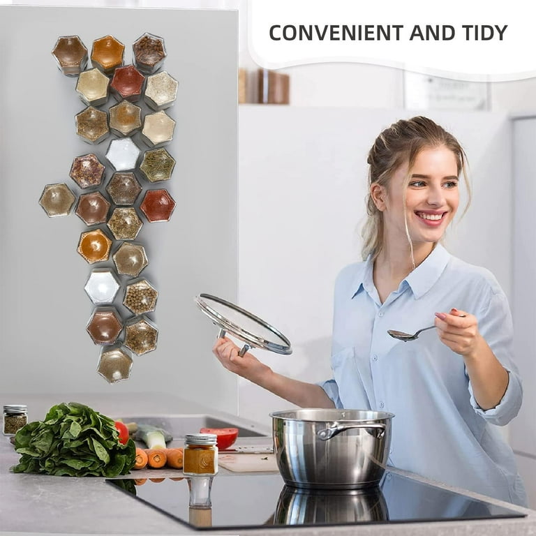 Set of 24 Hexagonal Glass Spice Jars with Shake-Off Lids and