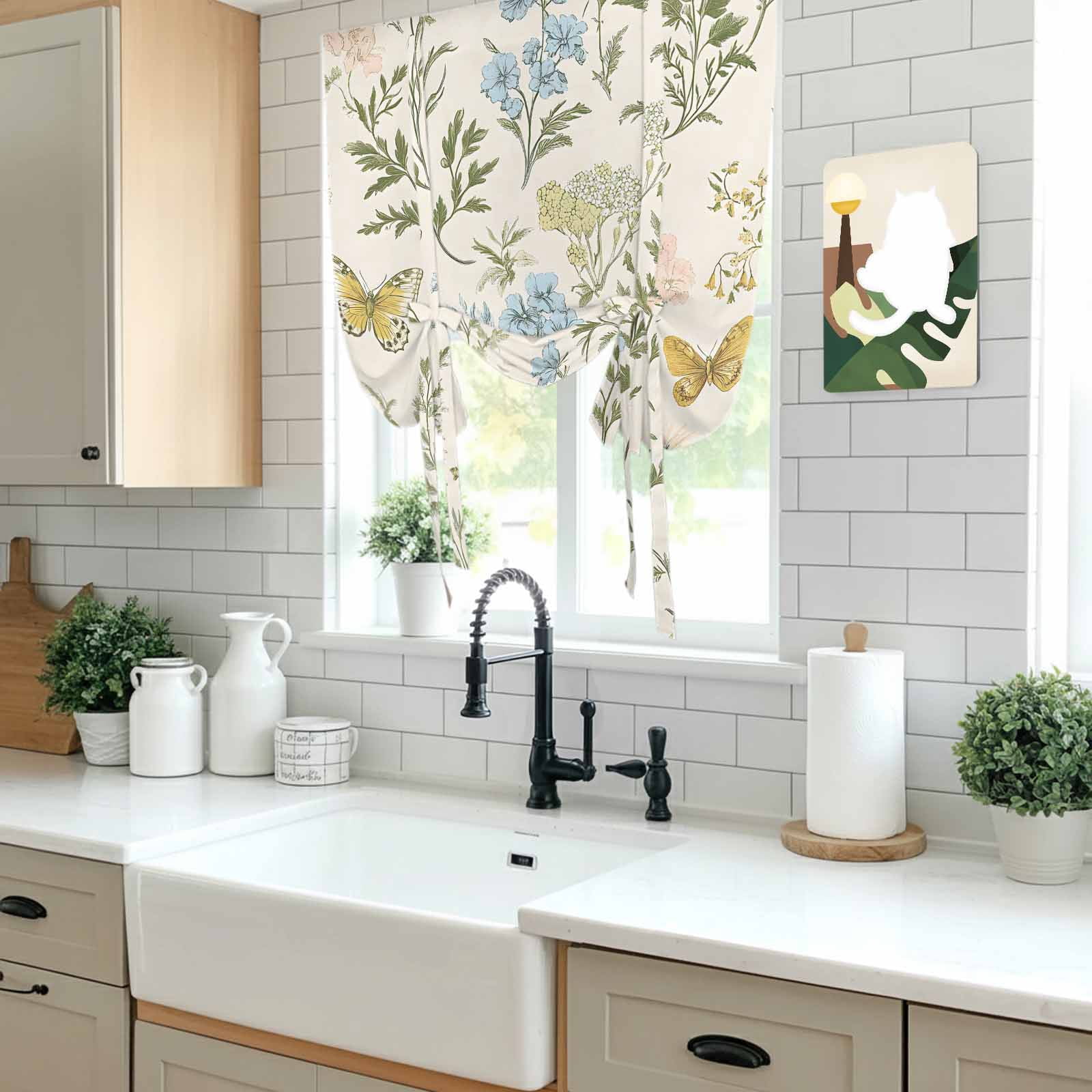 Colored Wildflowers Tie Up Curtain 45 Inches Long, Butterfly Leaf Linen Texture Balloon Style Kitchen Window Curtain Over Sink, Small Window Rod Pocket Curtain 34"x45"