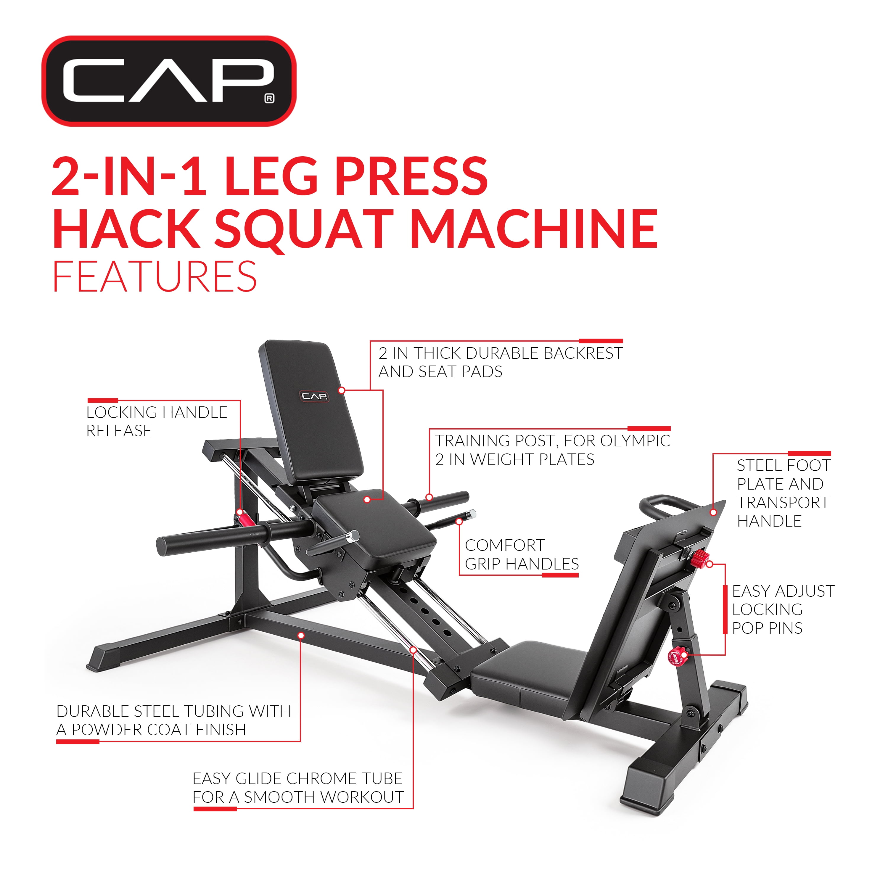 CAP Barbell 2-in-1 Leg Press & Hack Squat Machine, Plate-Loaded Lower Body Strength Trainer with Adjustable Footplate & Back Pad, Olympic Weight Plate Compatible
