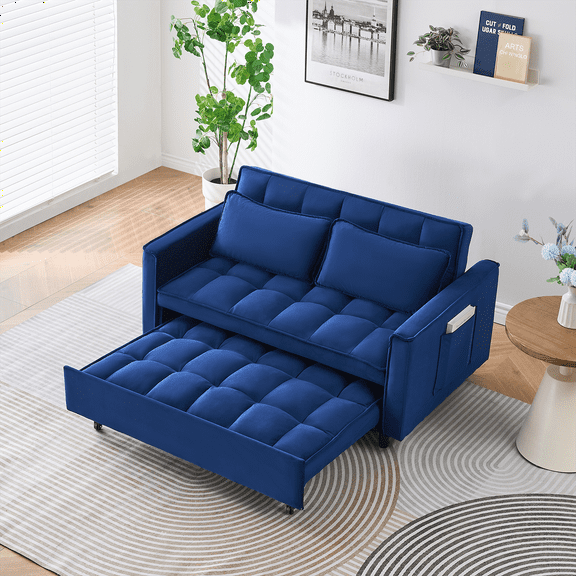 Adjustable Back Velvet Futon Sofa Bed, Modern Convertible Couples Sleeper with Side Pockets, Fold Down Couch for Living Room, Apartment,Blue