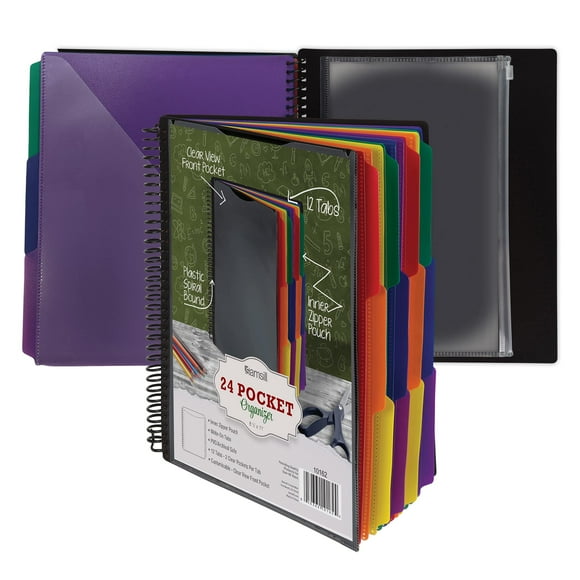Samsill Organisateur de Projet en Spirale de Poche 24 avec 12 Diviseurs, Couverture Personnalisable, Écriture Effaçable sur les Onglets dans des Couleurs Assorties, Dossiers en Plastique avec Poches