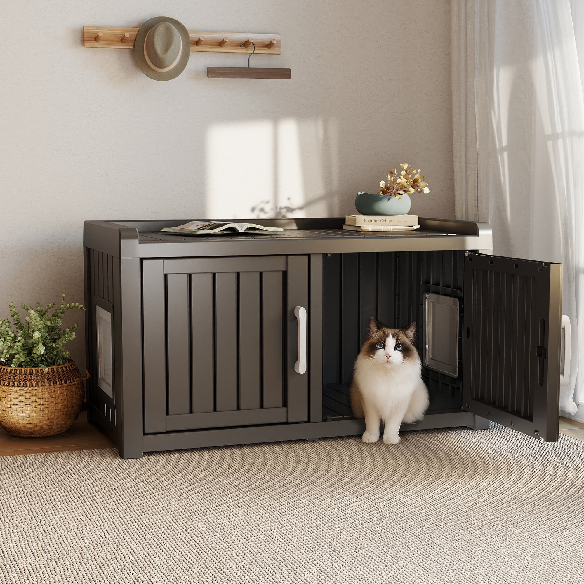 EasyUp Cat Litter Box, Resin Weatherproof Enclosed Litter Box with Dual-Door Design, Hidden Furniture for Indoor Home Use (Black)