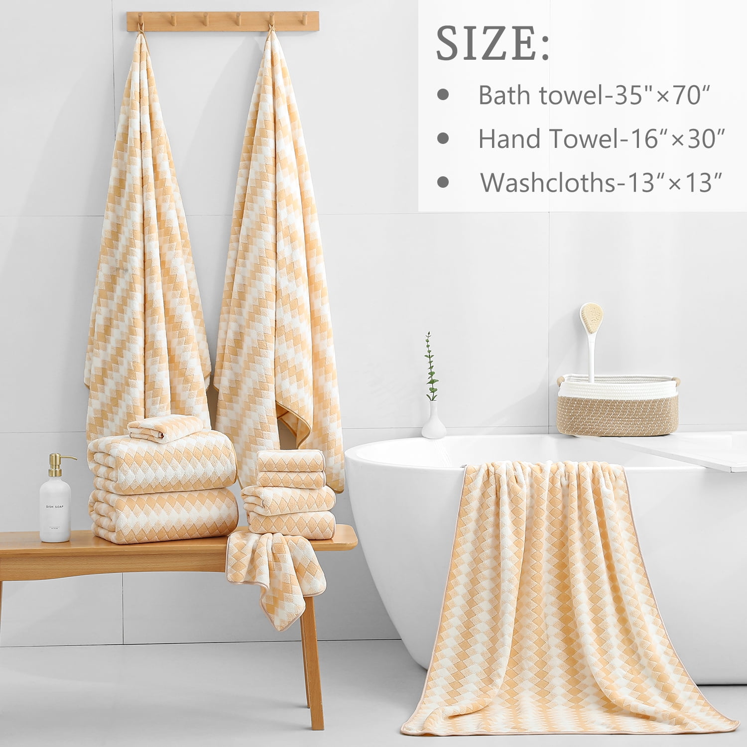 Smuge Extra Large Bath Towel Sets of 8, 2 Large Bath Towels Oversized, 2 Hand Towels, 4 Washcloths, Soft Microfiber, Quick Dry, Highly Absorbent Bath Towels for Bathroom Kitchen Spa(Apricot Yellow)