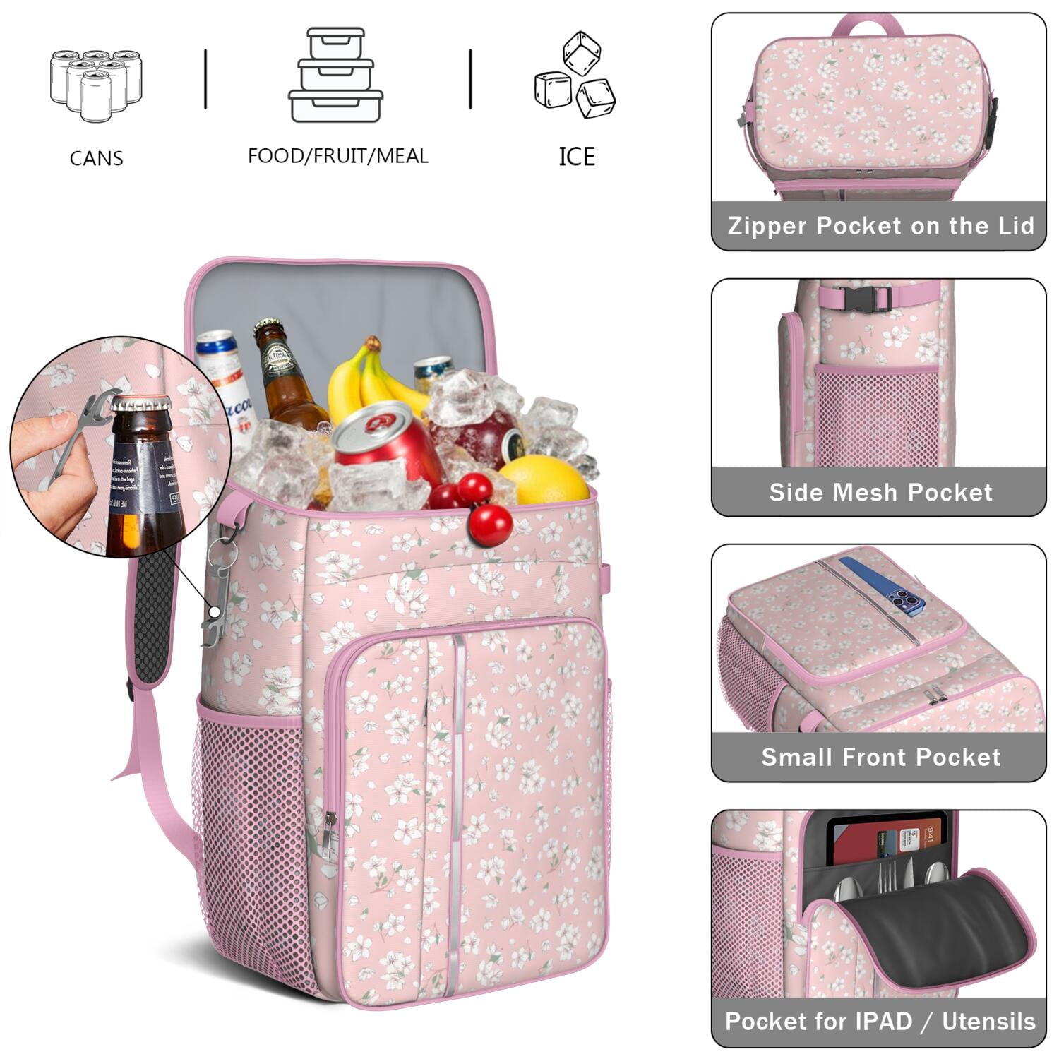 Travel Cooler Bag - Pioneer Flower Floral Print Pattern Camping Beer Cooler Backpack with Bottle Opener- Waterproof Insulated Picnic Backpacks - Cooler Bag for Beach
