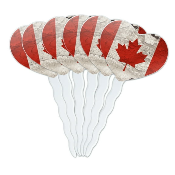 Rustic Distressed Canada Flag on Wood Heart Love Cupcake Picks Toppers Decoration Set of 6