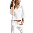thumbnail image 3 of Langwyqu Women Solid Color V Neck 3/4 Sleeve Casual Loose Shirt, 3 of 5