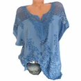 thumbnail image 4 of Chemisier Femme Dentelle Creuse Imprimée Col en V Manches Courtes Blouse Décontractée, Bleu, L, 4 of 5