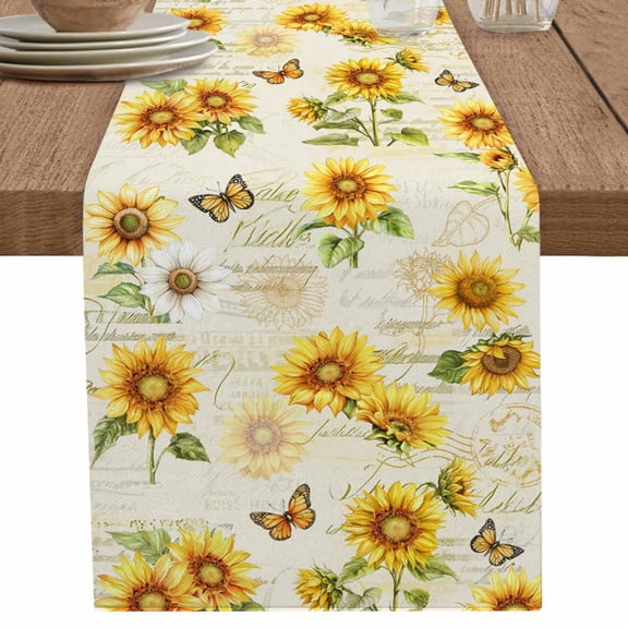 nqOlkjepod Summer Sunflowers Table Runner 70 Inches Long Farmhouse Dress Scarves, Farmhouse Vintage Floral Butterfly Dining Tablerunner for Coffee Table/Kitchen Island/Party Décor, 13" x 70"