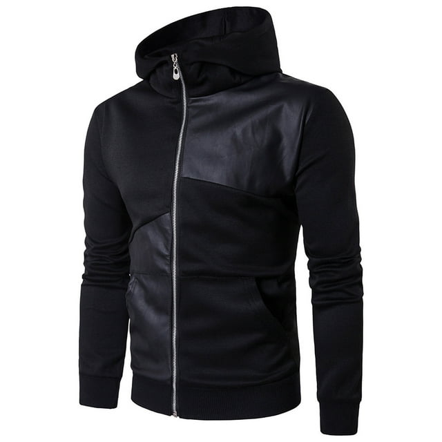 Sudadera con capucha de primavera y otoño para hombre, suéter informal con cuello levantado, capucha de cuero de retazos negros Pompotops oipoqjl16396