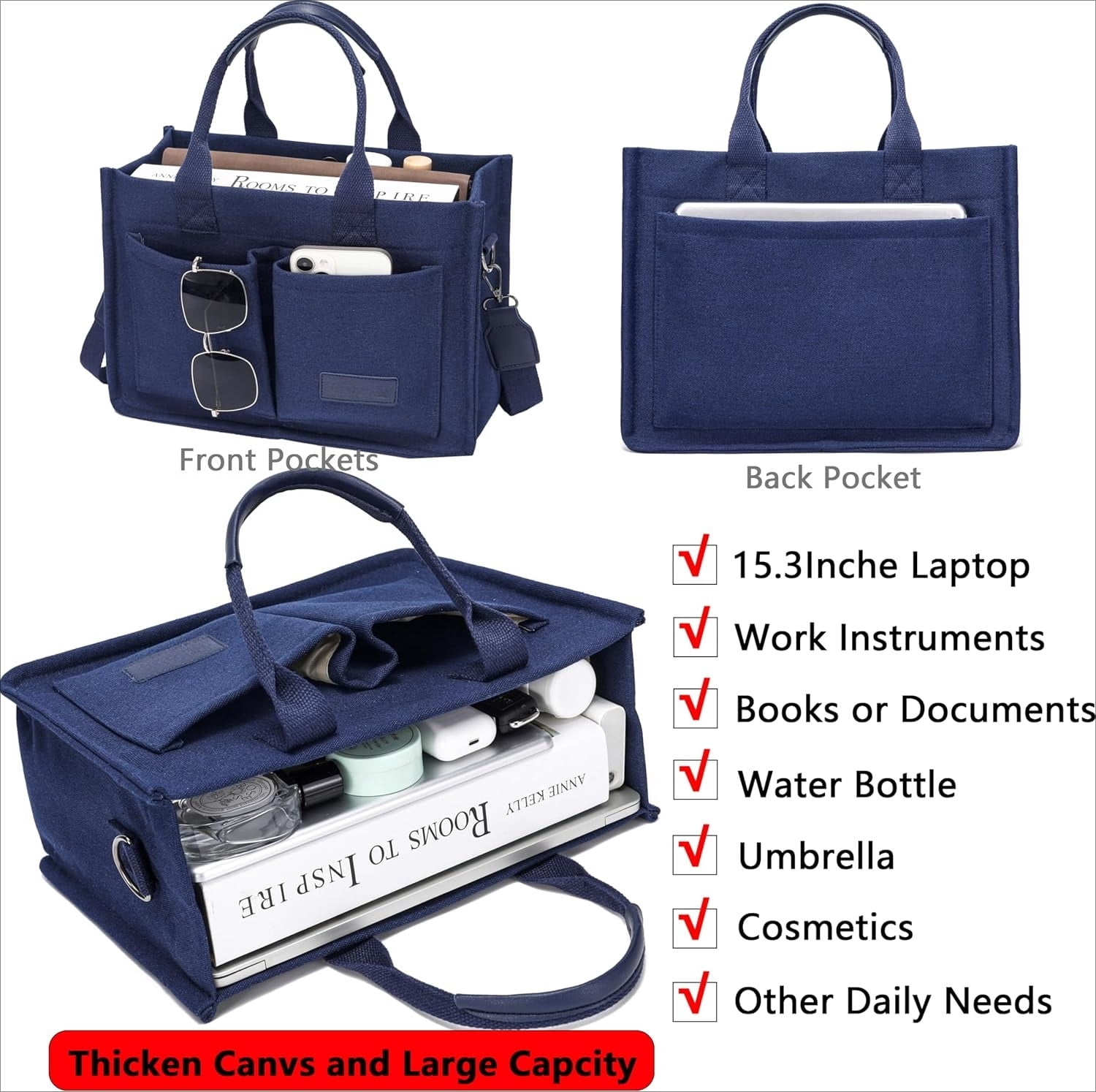 Tote Bag for Women With Compartments,Large Canvas Totes Women's Purse Crossbody Bags Work Laptop Book Bag Shoulder Handbags Blue