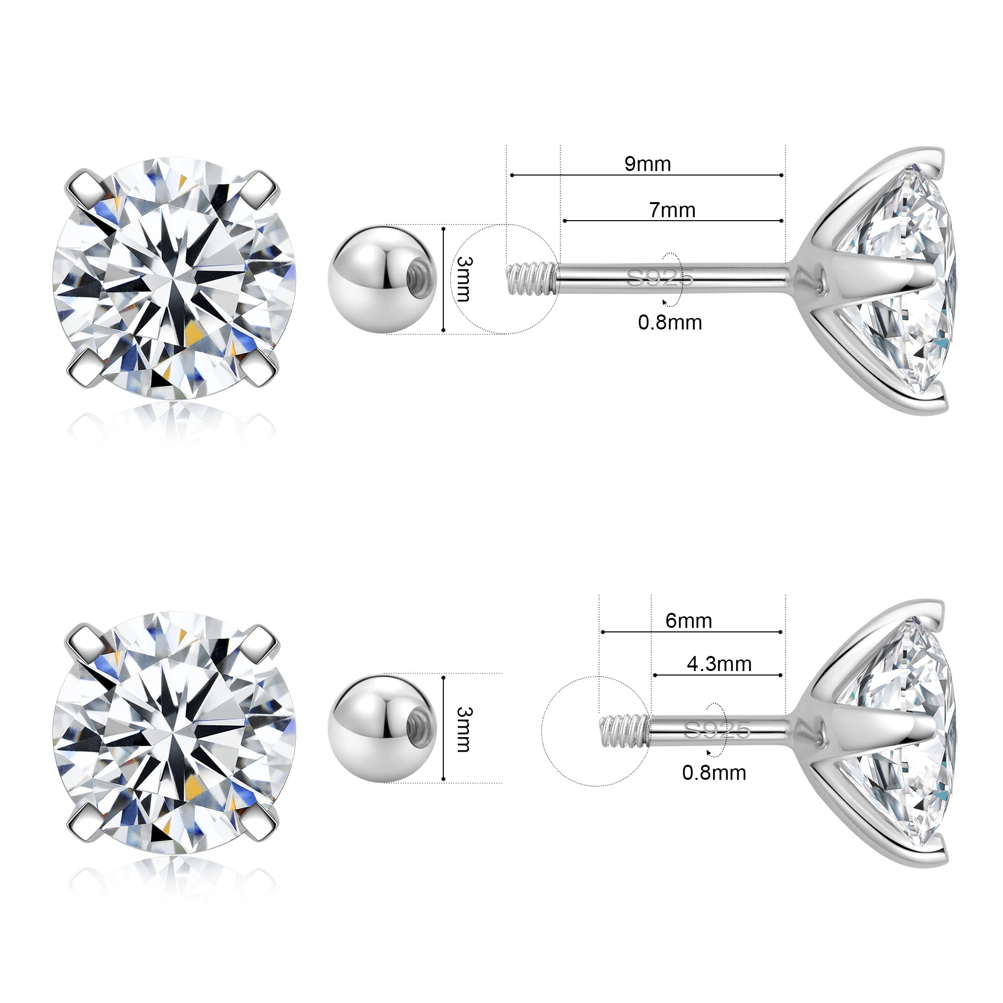 RYSkyJewelry Screw Backs Stud Earrings Moissanite, 0.4 t.w., S925