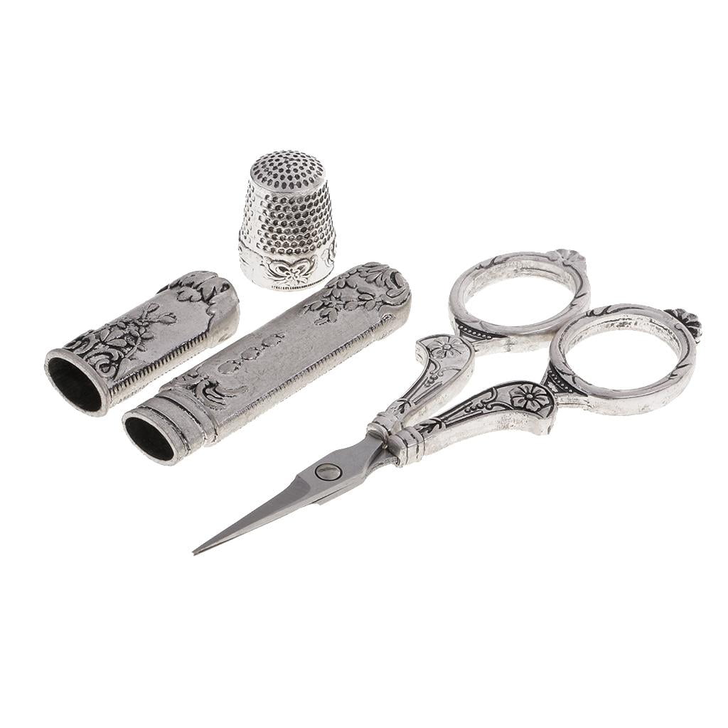 GUOOL 6 Pieces Antique Silver Stainless Steel Sewing Scissors Thimble Needlecase Sewing Tools Set for Embroidery Cross Stitch DIY Needleworking Patchwork