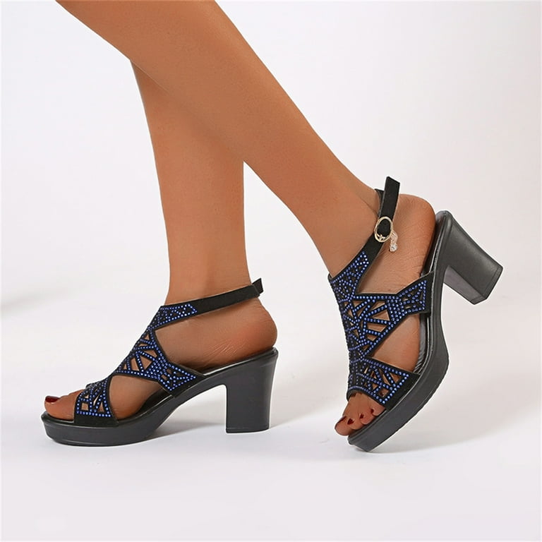 YUHAOTIN Female Navy Blue Sandals for Women Ladies Fashion Summer Suede Rhinestone Decorative Buckle Thick High Heel Sandals Gold Strappy Sandals Heels Womens Sandals Dressy Flat Back Strap Walmart ...
