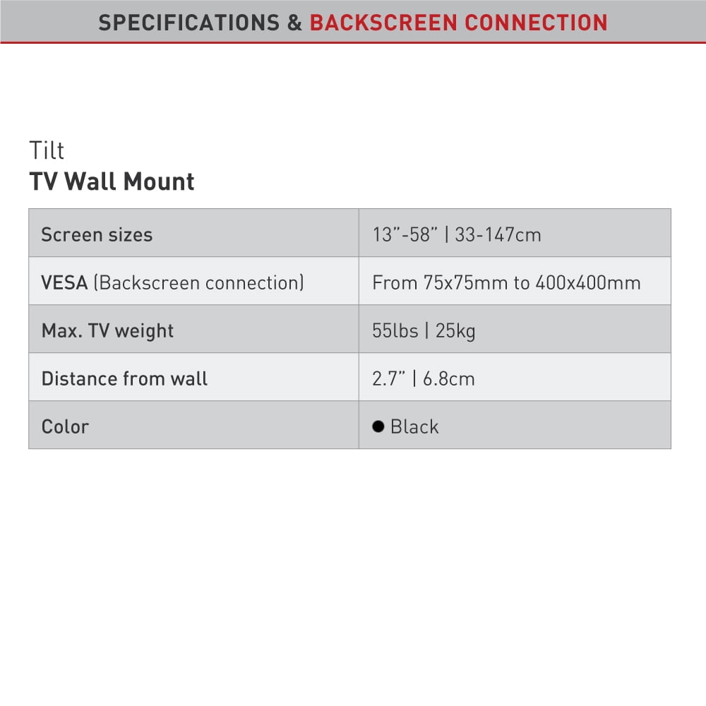 Barkan Tilt TV Wall Mount, 13 - 58 inch Tilt Screen Bracket, Holds up to 55lbs, Fits LED OLED LCD