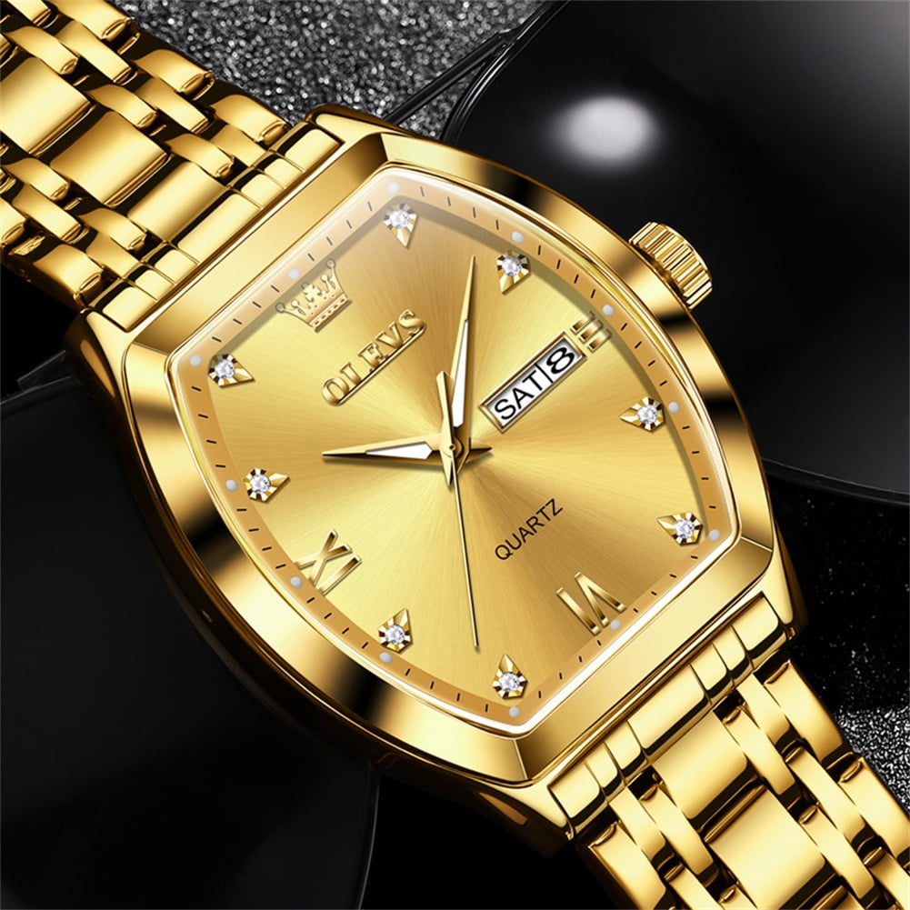 OLEVS Mens Watches Square Business Dress Diamond Analog Quartz Date Luxury Watches for Men Dress Casual Stainless Steel Waterproof Luminous Mens Wrist Watches Gifts Reloj para Hombre Gold/Black Dial