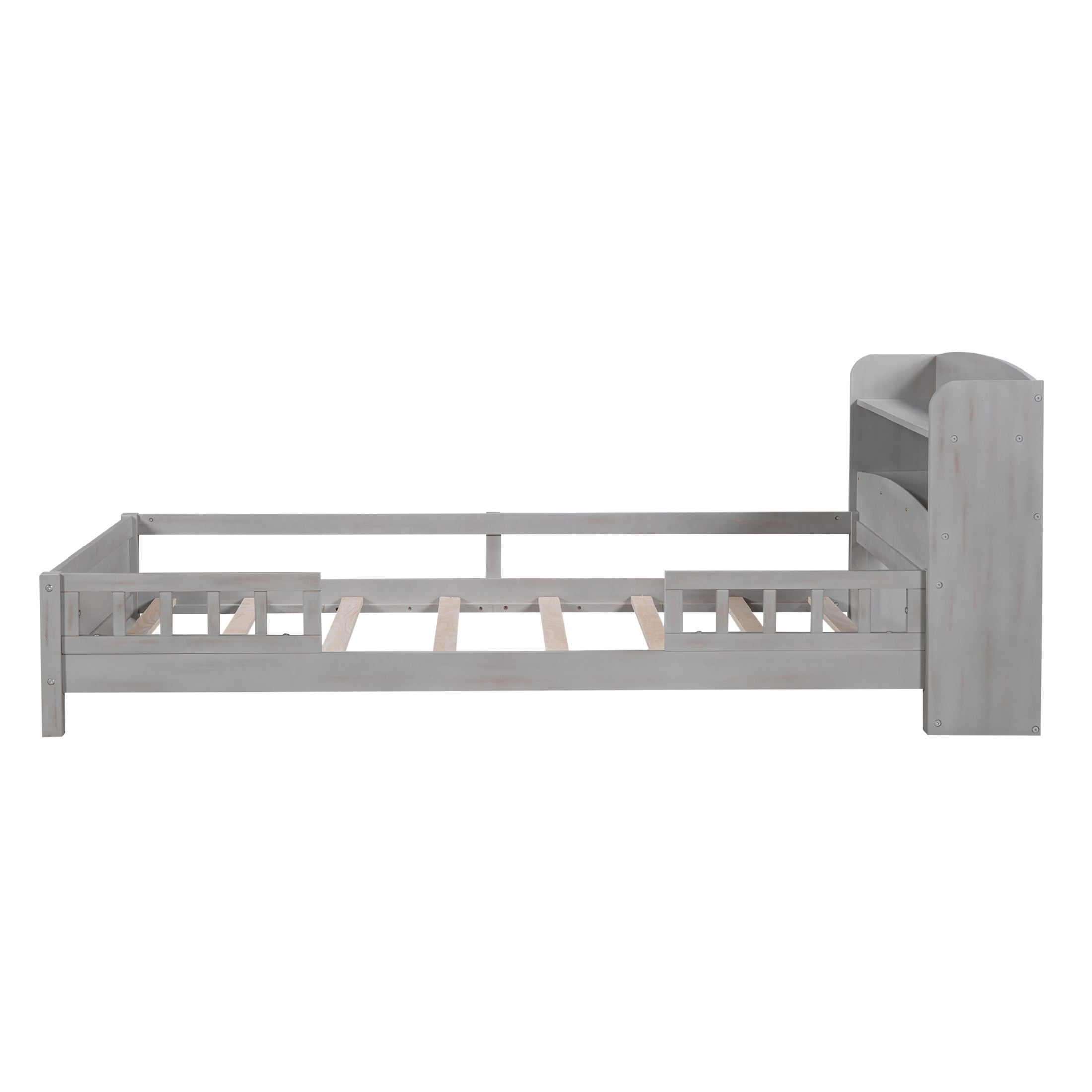 Noble House Twin Platform Bed with Built-in LED Storage Headboard and Safety Guardrails, Space Saving Design, Gray