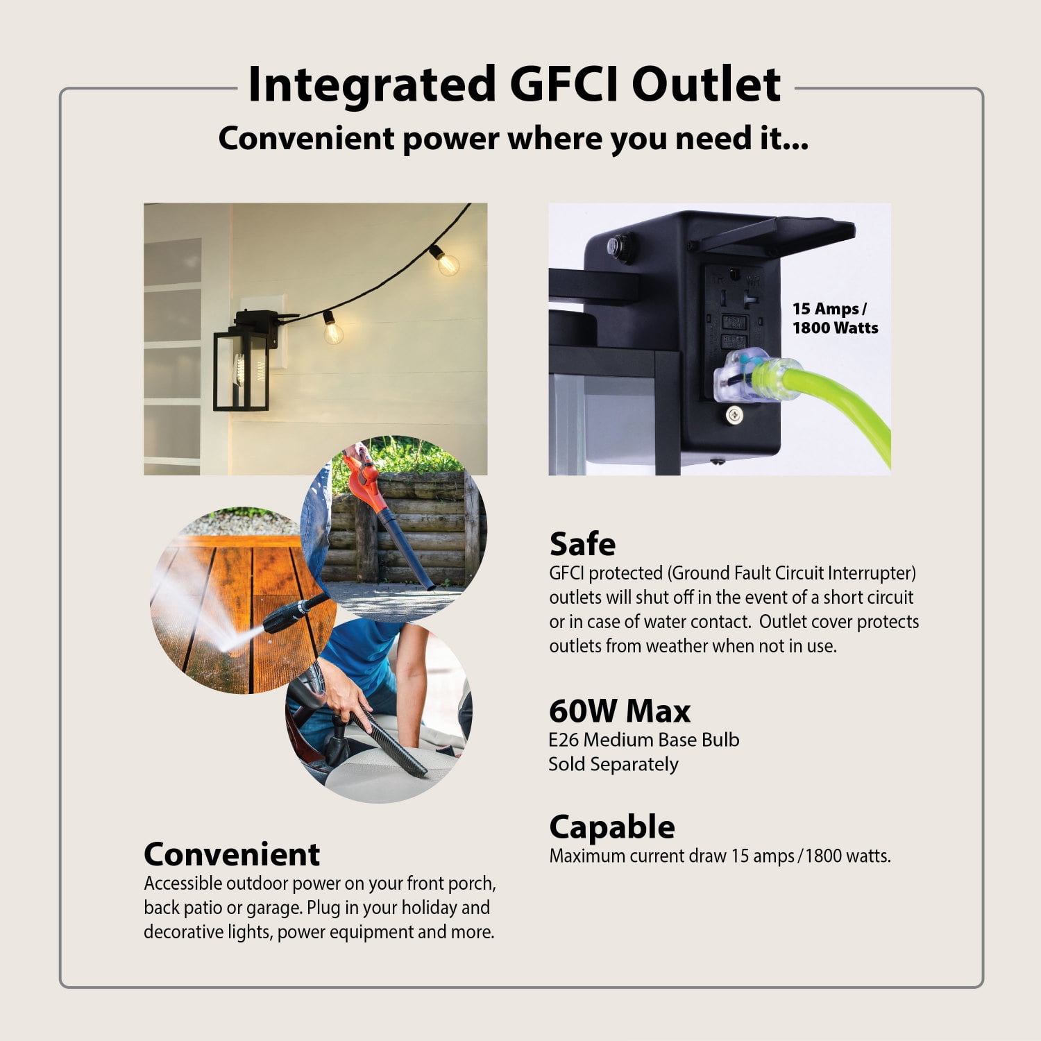 Lombard 1 Light Dusk to Dawn Black Contemporary Outdoor Wall Lantern with Integrated GFCI Outlet
