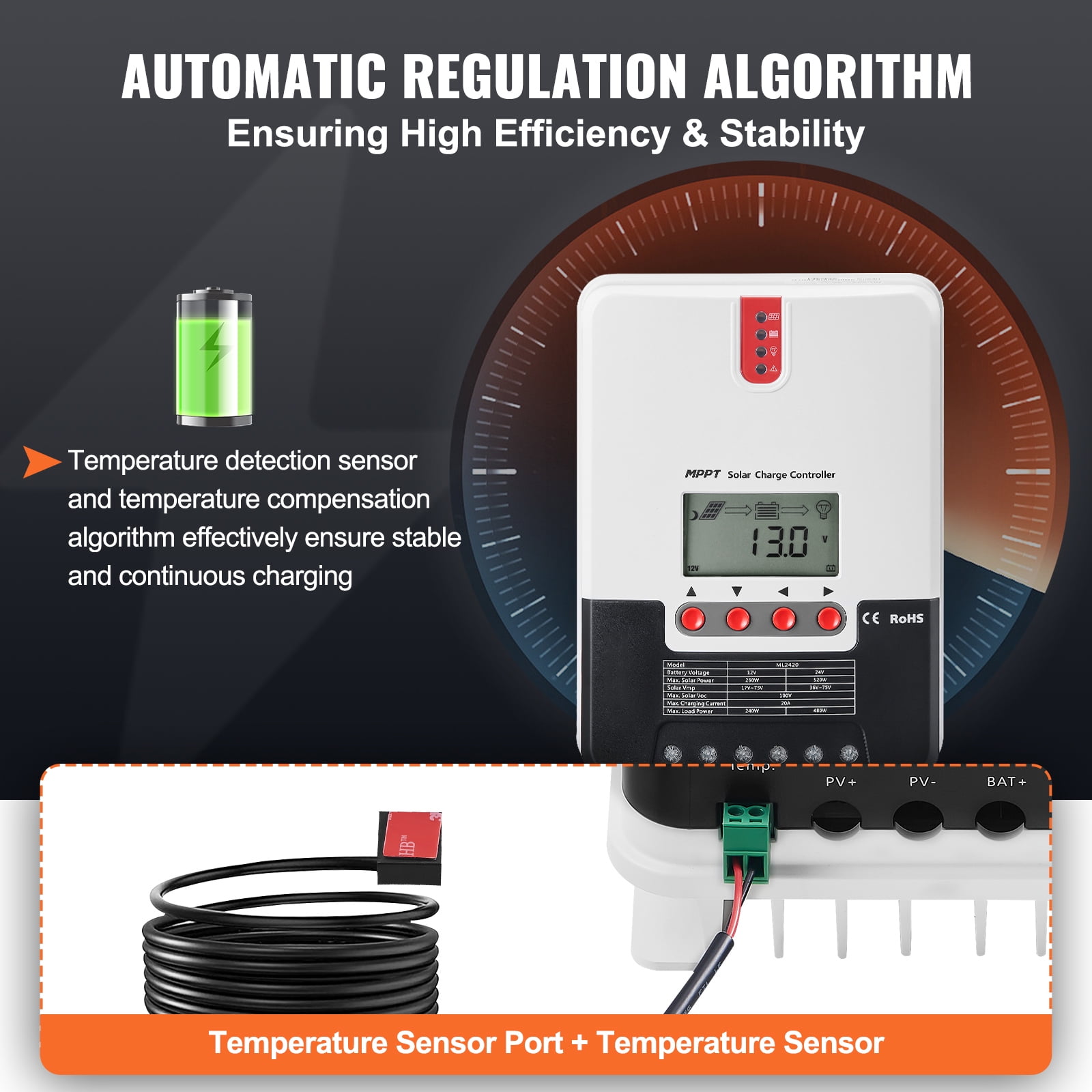 KFFKFF 20A MPPT Solar Charge Controller, Auto 12V/24V DC, Includes LCD Display & Temperature Sensor Cable, Compatible with AGM, Gel, Flooded & Lithium Batteries