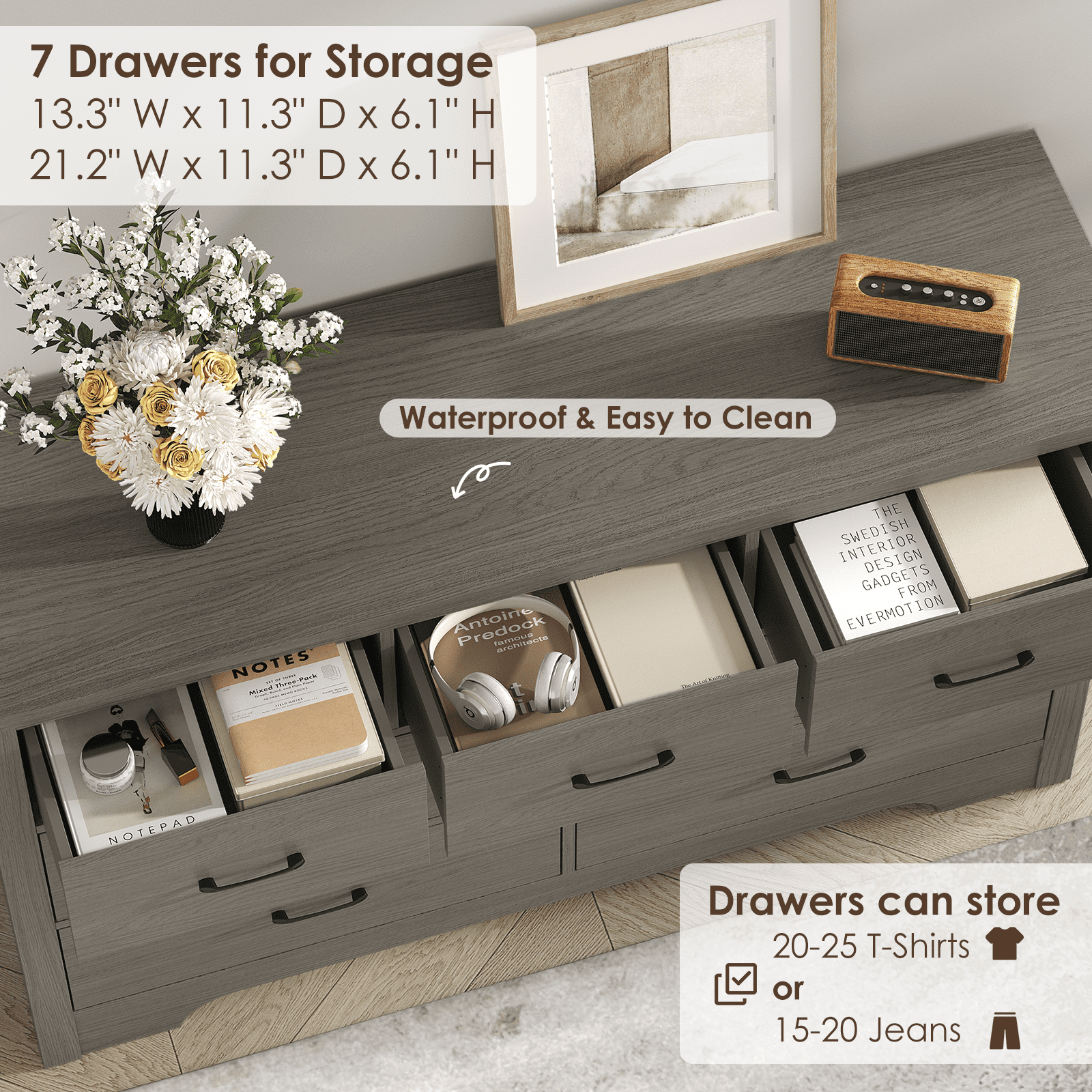 Farmhouse 7 Drawer Dresser for Bedroom, 51" Wide Chest of Drawers, Wooden Dresser TV Stand, Storage Dressers Organizer for Bedroom, Living Room, Hallway, Gray
