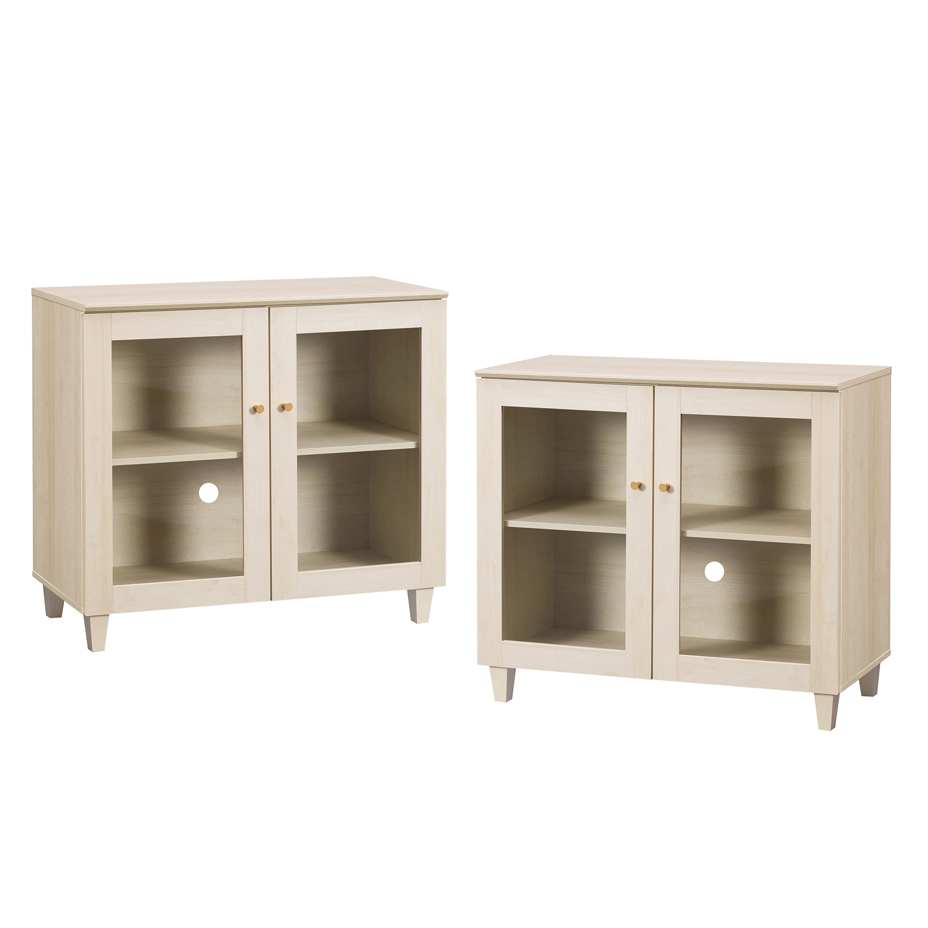 Large Bedroom Nightstands with Glass Doors - Set of 2, Bedside Table with Adjustable Shelf and Cable Management, White Oak