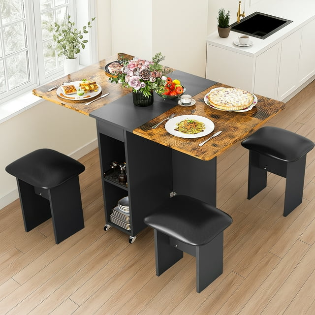 Stmoze Foldable Dining Table Set for 4, Extendable Kitchen Table with 4 Leather Upholstered Chairs, 5 Pieces Dining Set with Wheels & Storage Shelves, for Dining Room, Apartment, Rustic Brown
