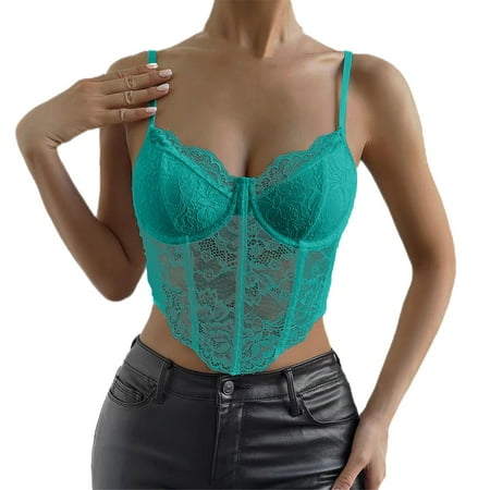 Clearance! Delayuji Womens Tees and Tanks Women s Floral Lace Mesh Corset Vest Spaghetti Strap Tops Going Out Slim-Fit Camisole L Green