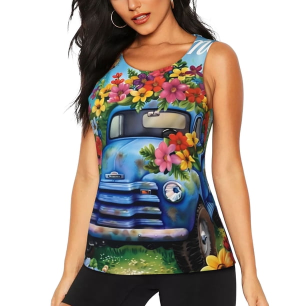 Fotbe Floral Truck Welcome Blusas Sin Mangas para Mujer – Estilo Casual, Corte Suelto, Slim-Fit, Cuello Redondo Deportivo, Tops de Verano para Gimnasio y Yoga-Small