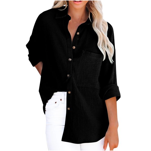 IROINNID Deals Womens Long Sleeve V-Neck Shirts Funny Solid Color Buttons Loose Tops Blouse,Black