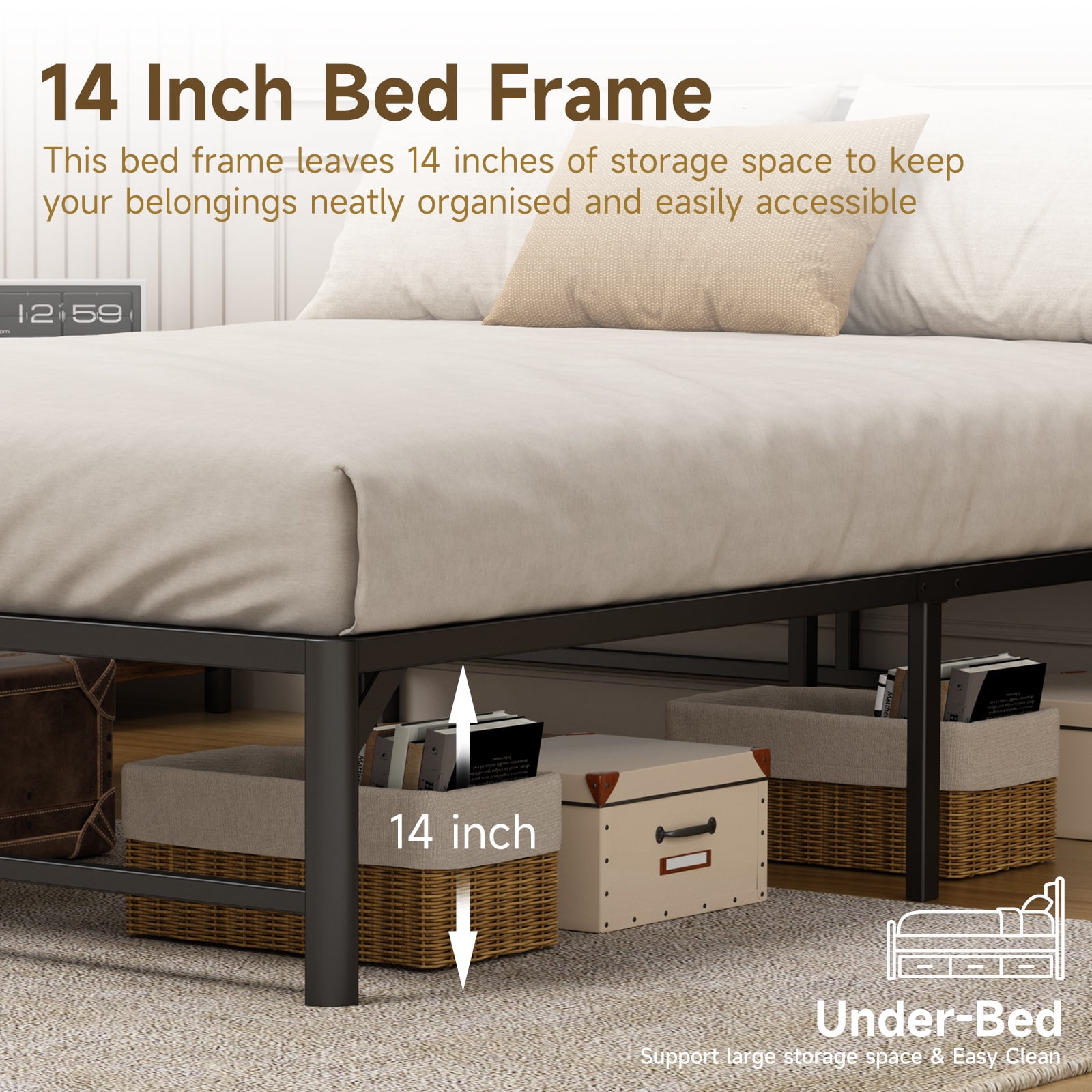 Z-HOM 14“ Queen Bed Frame, Heavy Duty Metal Platform Bed Frame with Under Bed Storage Space, Black