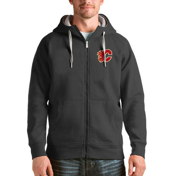 Men's Antigua Charcoal Calgary Flames Logo Victory Full-Zip Hoodie